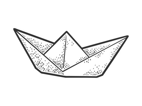 paper boat line art sketch engraving vector illustration. T-shirt apparel print design. Scratch board imitation. Black and white hand drawn image.