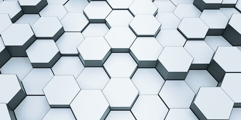 Modern hexagonal background texture pattern. Honeycombs at different level. 3d rendering illustration. Futuristic banner.