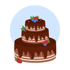 Chocolate berries cake flat vector illustration. Birthday and wedding cake decorated with berries. Tasty sweet desserts isolated in the background.