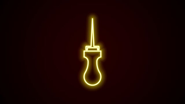 Glowing neon line Awl tool with wooden handle icon isolated on black background. Work equipment tailor industry. 4K Video motion graphic animation