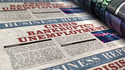 Crisis, bankruptcy and unemployment business news. Daily newspaper print.