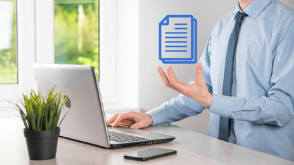 Fototapeta na wymiar Businessman man holding a document icon in his hand Document Management Data System Business Internet Technology Concept. Corporate data management system DMS