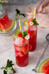 Summer watermelon refreshing drink with lime and soda. Delicious cocktail cold fruit drink.