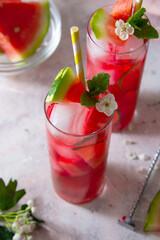 Watermelon refreshing lemonade with lime and mint. Delicious cocktail cold fruit drink.