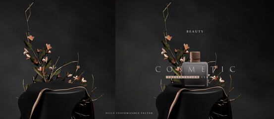 Dark elegant podium scene for product presentation with realistic decorative flowers and branches still life style. professional product display placement template