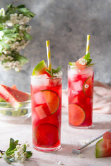 Watermelon refreshing lemonade with lime and mint. Delicious cocktail cold fruit drink.