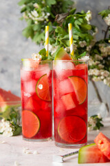 Watermelon soda lemonade with lime syrup and rum. Delicious cocktail cold fruit drink.