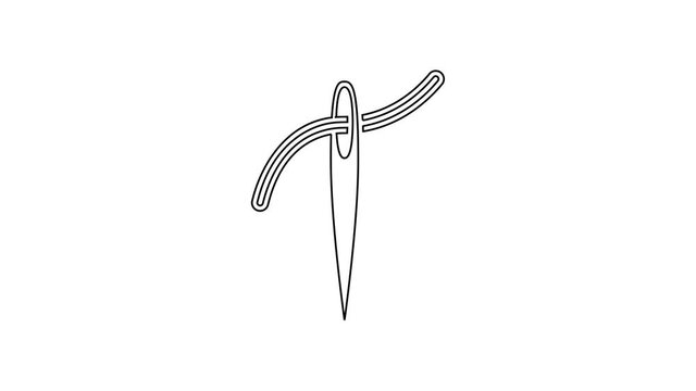Black line Needle for sewing with thread icon isolated on white background. Tailor symbol. Textile sew up craft sign. Embroidery tool. 4K Video motion graphic animation