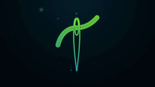 Glowing neon line Needle for sewing with thread icon isolated on black background. Tailor symbol. Textile sew up craft sign. Embroidery tool. 4K Video motion graphic animation