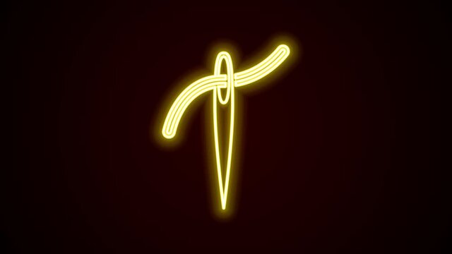 Glowing neon line Needle for sewing with thread icon isolated on black background. Tailor symbol. Textile sew up craft sign. Embroidery tool. 4K Video motion graphic animation