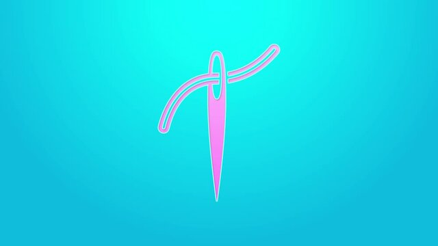 Pink line Needle for sewing with thread icon isolated on blue background. Tailor symbol. Textile sew up craft sign. Embroidery tool. 4K Video motion graphic animation