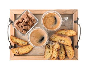 Wooden tray with tasty cantucci, cups of aromatic coffee and brown sugar on white background, top view. Traditional Italian almond biscuits