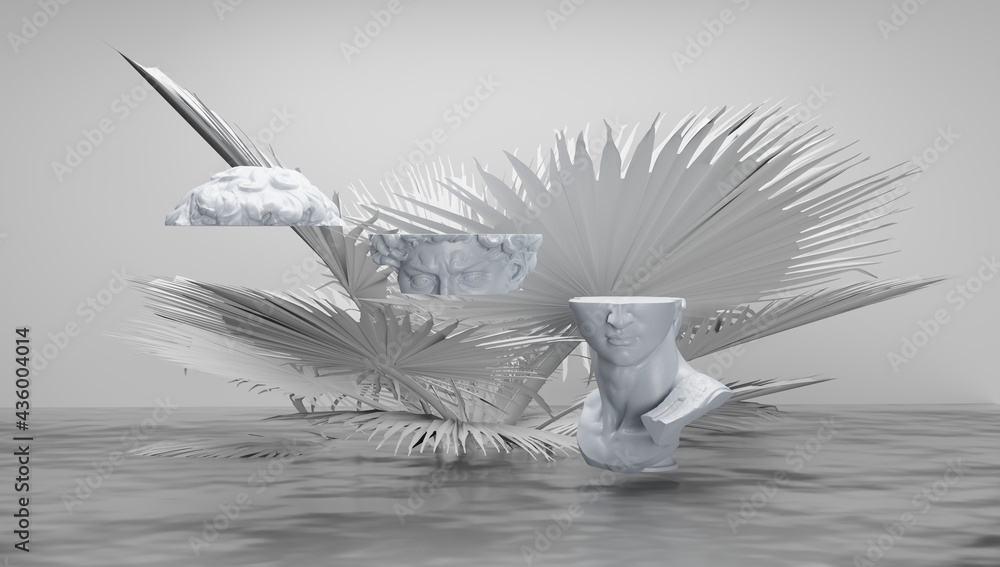 Poster 3d rendering. podium for product display in light colours. cross section of statue with plants in th