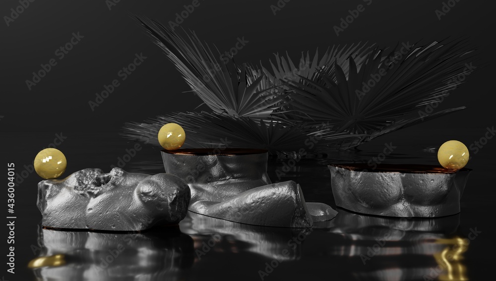 Poster 3d rendering. podium for product display in dark and gold colour. statue cross section with plants i