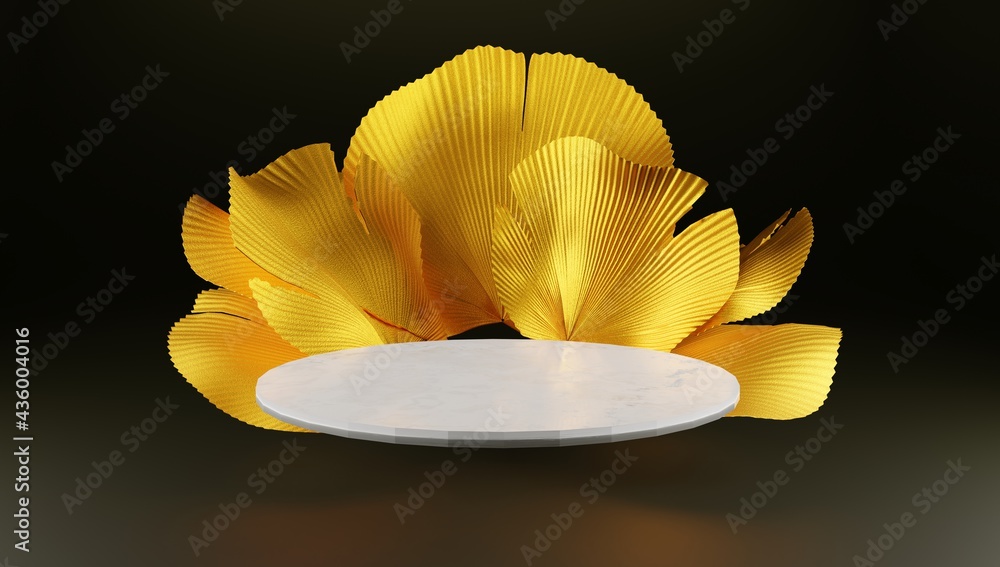 Poster 3d rendering. podium for product display in dark and gold colour.