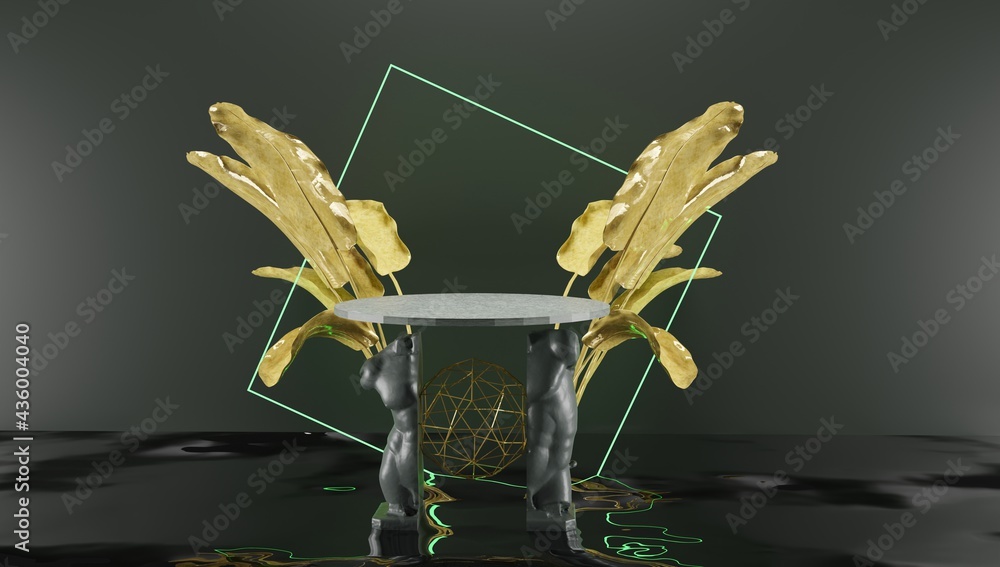 Poster 3d rendering. podium for product display in dark and gold colour. statue cross section with plants i