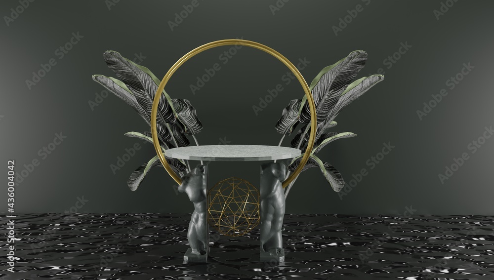 Poster 3d rendering. podium for product display in dark and gold colour. statue cross section with plants i