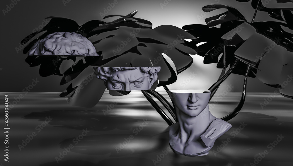 Poster 3d rendering. podium for product display in dark colour. statue cross section with plants in the bac