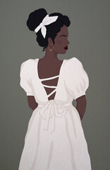 faceless black bride in white vintage dress with open back.  isolated modern illustration. For poster, postcard, banner, book cover or magazine.