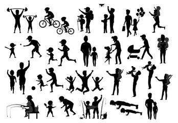 father and kids children silhouette. man boy girl dance jump exercise ride bike walk run push ups jogging hike and camp, fishing, play baseball american football soccer, kiss and hug, take selfie