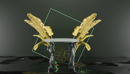3d rendering. Podium for product display in dark and gold colour. Statue cross section with plants in the background.