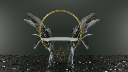 3d rendering. Podium for product display in dark and gold colour. Statue cross section with plants in the background.
