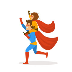 father and daughter playing superheroes dressed in costumes running together,girl sitting on dads back shoulders , funnny fathers day isolated vector illustration scene