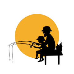 father and son fishing together isolated vector illustration silhouette scene