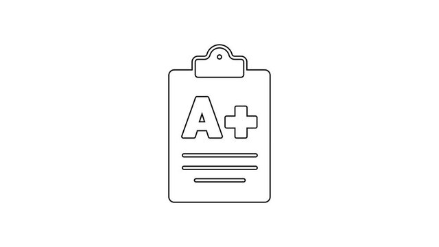Black line Exam sheet with A plus grade icon isolated on white background. Test paper, exam, or survey concept. School test or exam. 4K Video motion graphic animation
