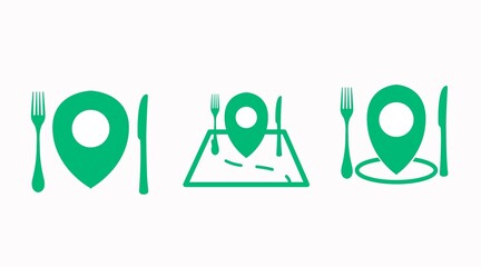 Food Location Pin Icon Set. Vector green and white illustration of food location pins