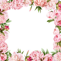 Fototapeta na wymiar Watercolor frames, wreaths of peonies. Suitable for wedding invitations. Wedding greens. Pink, green tones. Use watercolors to save the date card.Summer rustic style.Isolated and editable. 