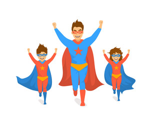 family, dad and kids, cute boy and girl playing superheroes, running excited in super hero costumes front view fun humor fathers day concept isolated vector illustration scene