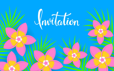 floral tropical flatlay flower frangipani and palm leaves bright colorful background banner