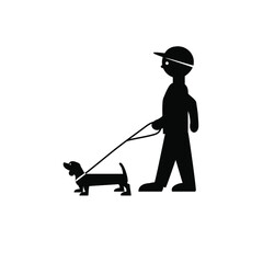 Vector icon of a stylized little boy in a baseball cap with a dachshund dog on a leash. Isolated on white background, black pictogram, flat illustration of a child walking forward with a pet.