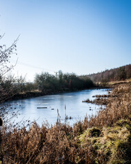 lake in the winter with blue skies