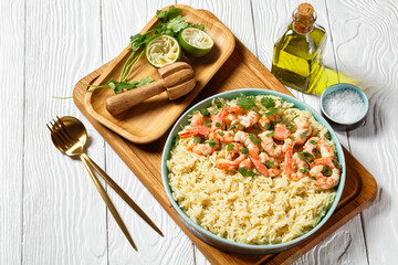 Lime shrimps with cilantro and rice, top view