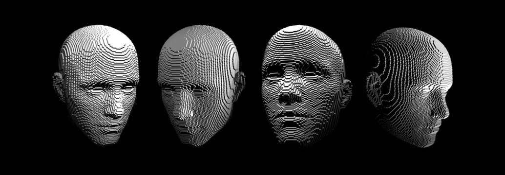 Four human faces constructing from cubes. Anonymous social masking. Technology and robotics concept. Voxel art. 3D vector illustration.