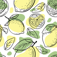 CITRUS Abstract Delicious Lemon Fruit With Leaves For Your Tablecloth Gardening Fabric Textile Curtain Hand Drawn Seamless Pattern Vector Illustration For Print