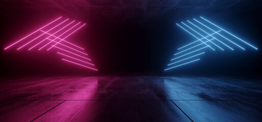 Neon Laser Purple Blue Vibrant Sci Fi Futuristic Warehouse Empty Stage Showcase Room Corridor Tunnel Grunge Concrete Dark Underground Background 3D Rendering