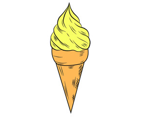 Realistic ice cream with a waffle tube on a white background with frosting. Vector illustration.