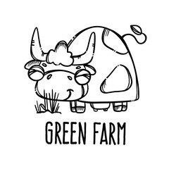 Obraz na płótnie Canvas COW EATS GRASS MONOCHROME Cute Smile Animal Hand-Drawn In Sketch Style In Cartoon Farm Poster With Handwriting Text Clip Art Vector Illustration Set For Print