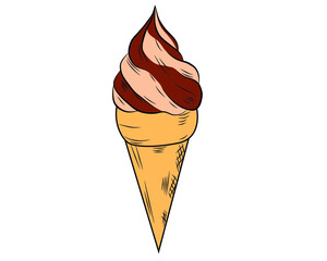 Realistic ice cream with a waffle tube on a white background with frosting. Vector illustration.
