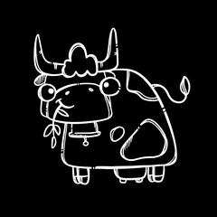 SMILING COW MONOCHROME Cute Animal Eats Leaves To Give Milk In Farm Cartoon Poster Hand-Drawn In Sketch Style Clip Art Vector Illustration Set For Print