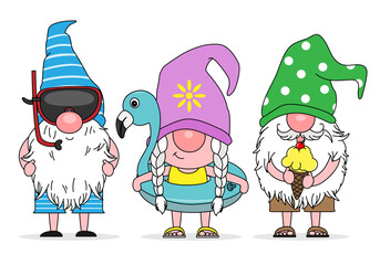 Summer gnomes. Gnomes with float, diving goggles and ice cream. 
