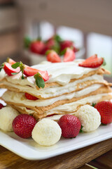 Homemade meringue Keto cake with strawberries. High quality photo