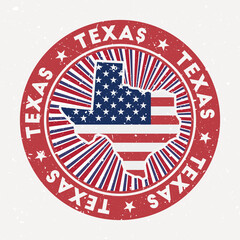 Texas round stamp. Logo of us state with flag. Vintage badge with circular text and stars, vector illustration.