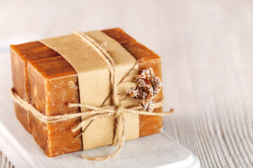 Soap - nature laundry bar on wooden background
