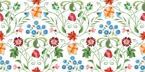 Naklejki  Watercolor  chintz seamless pattern. Bright floral and leaves, oriental style, Floral pattern for nursery, travel design, wallpaper, apparel