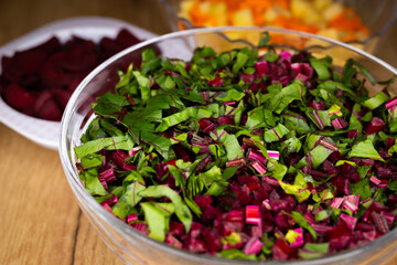 Fresh, chopped beetroot leaves arranged in a glass bowl. Photo taken under artificial, soft light.