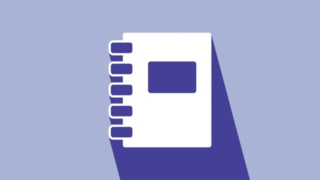 White Notebook icon isolated on purple background. Spiral notepad icon. School notebook. Writing pad. Diary for school. 4K Video motion graphic animation
